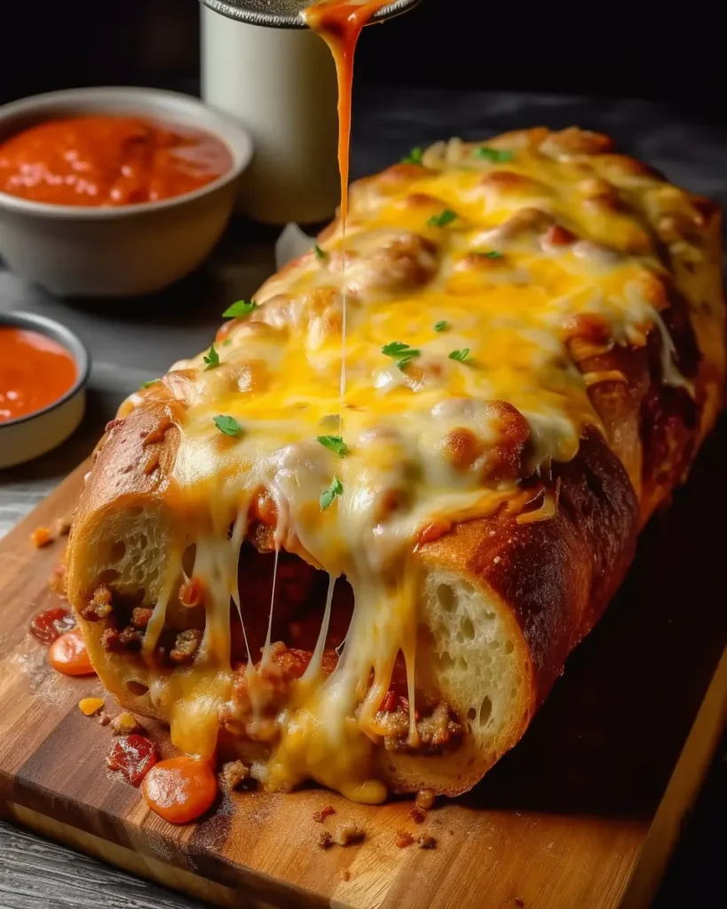 Cheesy Garbage Bread Recipe Close-up of cheesy garbage bread sliced open with melted cheese, deli meats, and vegetables, served on a wooden board with marinara dipping sauce.
