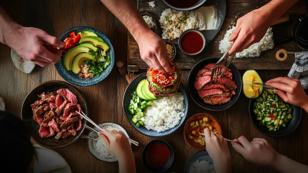 Family preparing teriyaki beef and avocado rice stacks together at the table