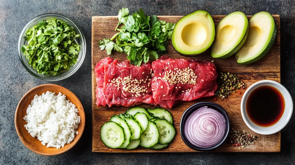 Flat lay of fresh ingredients for teriyaki beef rice stack including avocado, cucumber, and rice