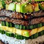 Close-up view of a stacked teriyaki beef and avocado rice dish with cucumber and sesame