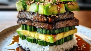 Close-up view of a stacked teriyaki beef and avocado rice dish with cucumber and sesame