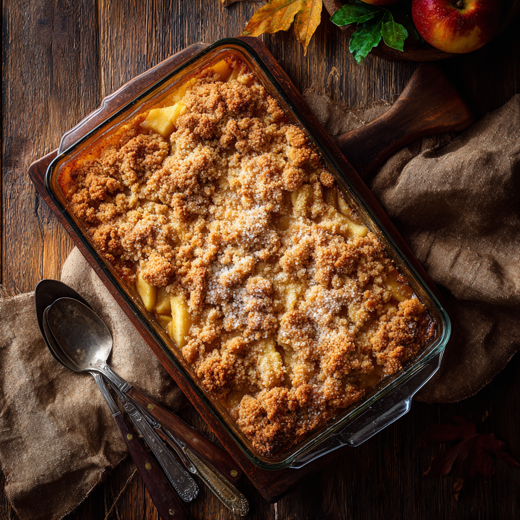 Overhead shot of baked apple pie cake in 9x13 dish with crumble topping