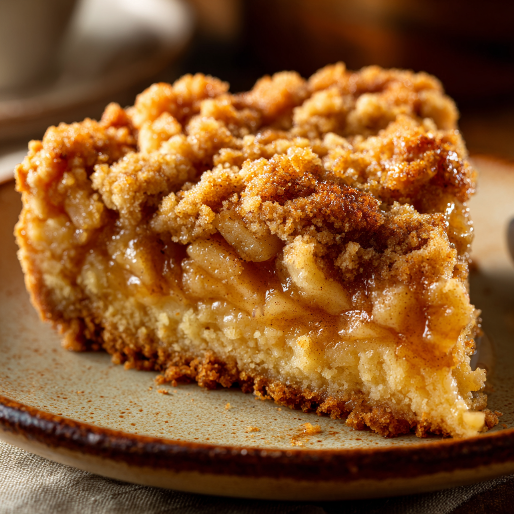 Gooey apple pie cake slice with cinnamon crumble topping on rustic plate