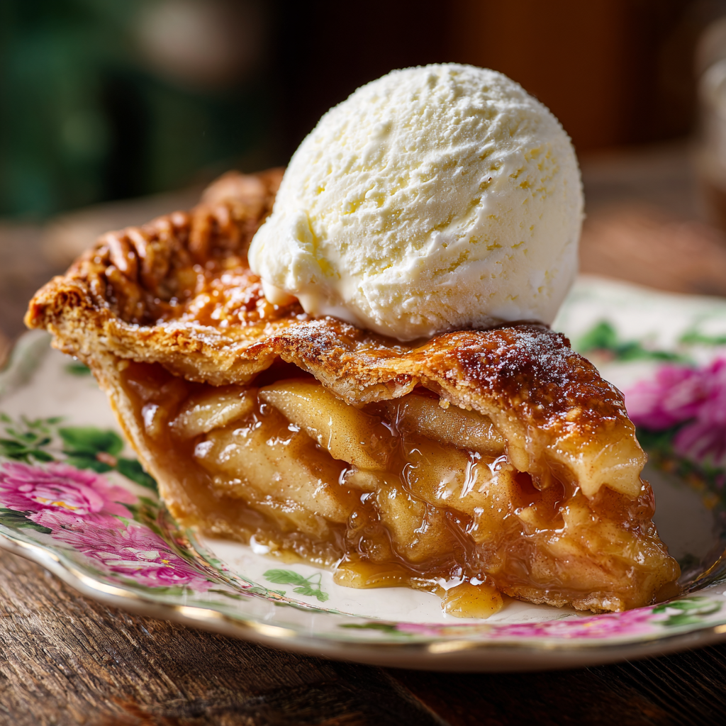 Slice of apple pie with ice cream on a floral plate