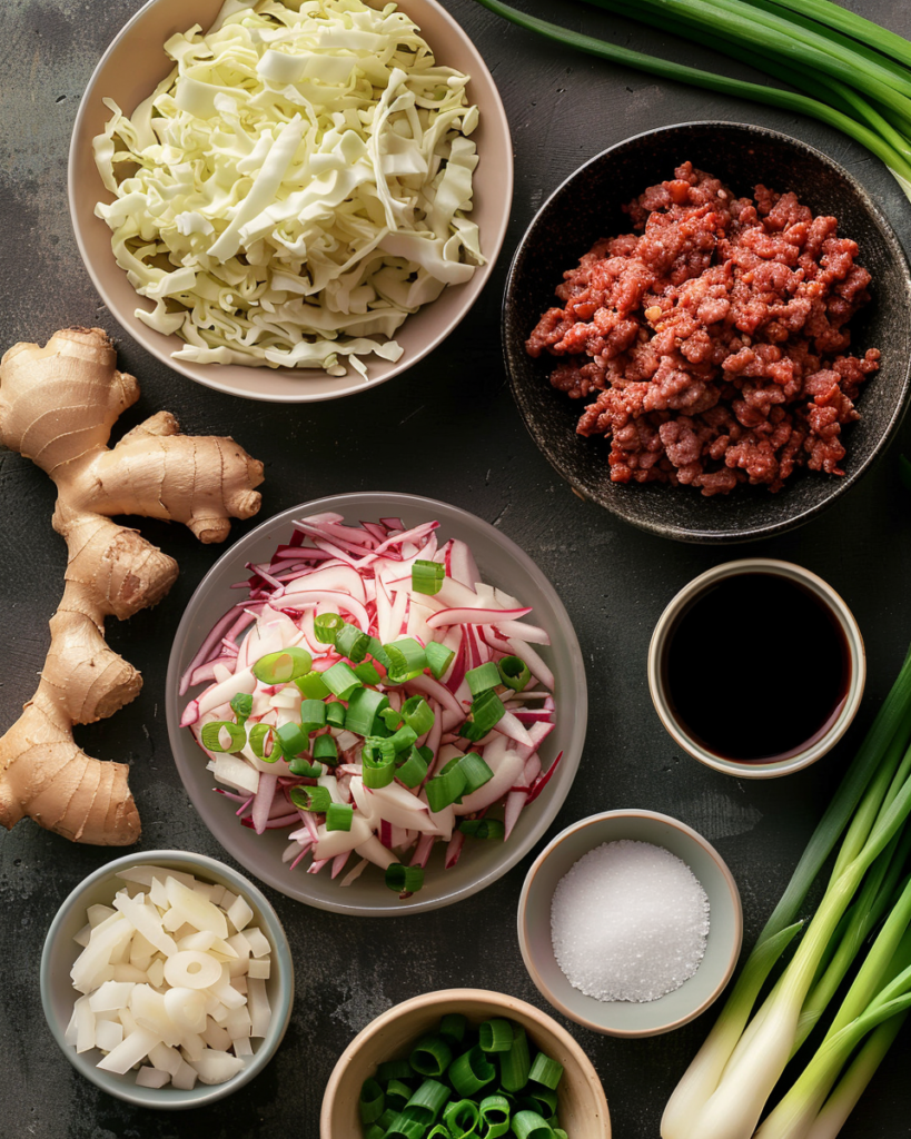 Ingredients for Chinese cabbage stir fry – ground beef, cabbage, garlic, sauces.