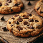 Close-up of homemade Crumbl chocolate chip cookie on rustic tray