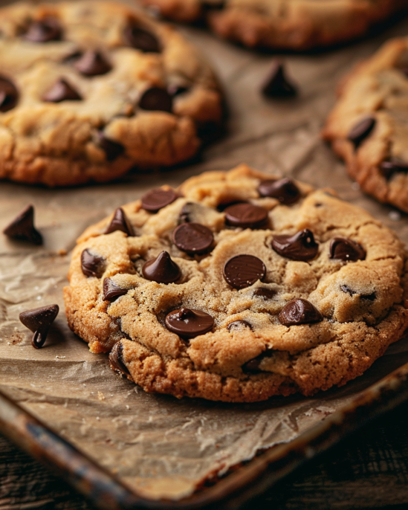 Close-up of homemade Crumbl chocolate chip cookie on rustic tray