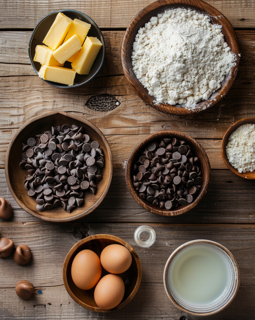 Cookie ingredients laid out in rustic bowls