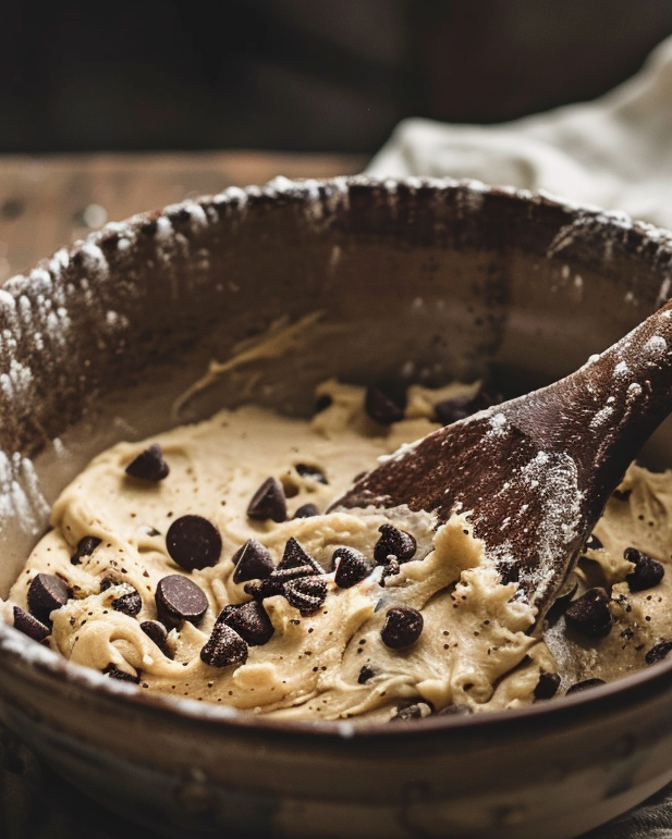 Hand mixing chocolate chip cookie dough in rustic bowl