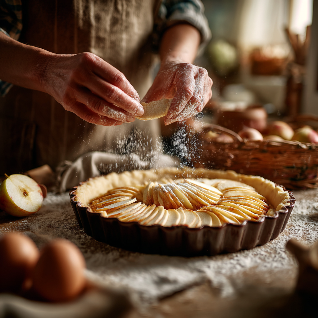 Hands arranging apple slices into pie crust in a rustic kitchen