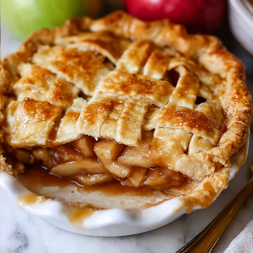 Golden lattice-topped apple pie in a vintage ceramic pie dish on rustic wooden table