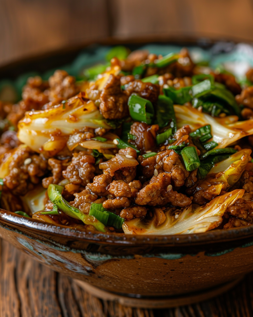 Chinese Ground Beef & Cabbage stir fry served in a rustic bowl with a glossy soy glaze.