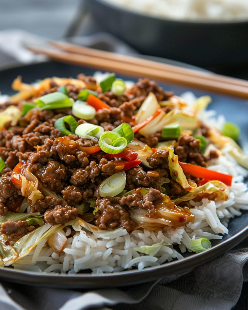 Plated Chinese ground beef and cabbage stir fry served over rice with garnish.