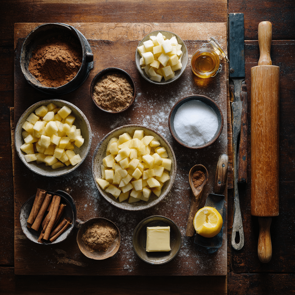 Ingredients for homemade fried apple pies on a rustic wooden table.