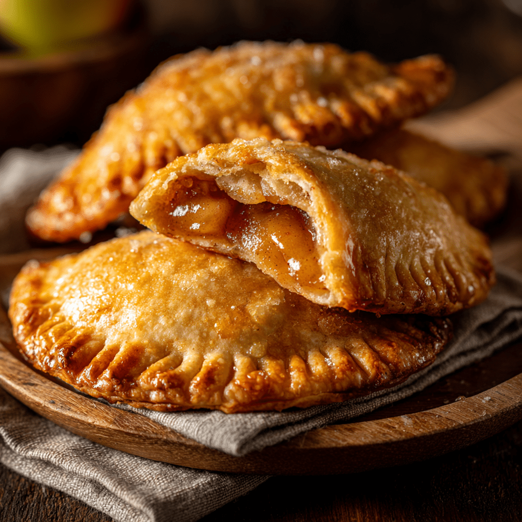 Golden flaky fried apple pies stacked on a vintage plate in a cozy kitchen setting.