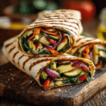 Grilled veggie wraps filled with colorful roasted vegetables on a rustic board.
