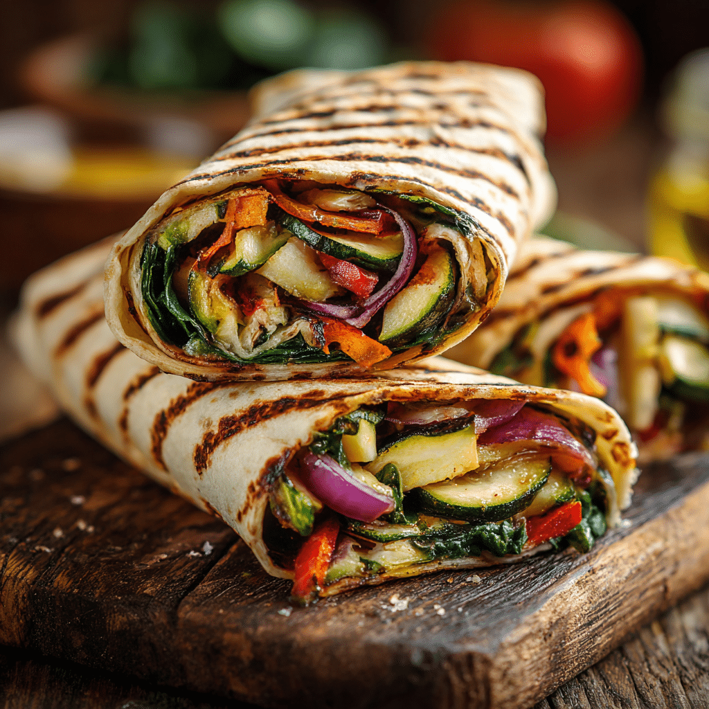 Grilled veggie wraps filled with colorful roasted vegetables on a rustic board.