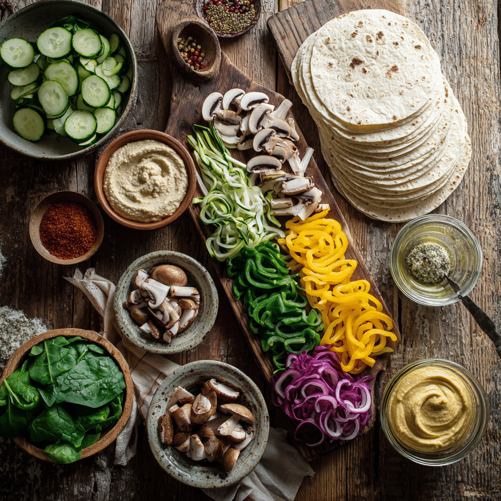 Fresh ingredients for grilled veggie wraps laid out on a rustic kitchen table.