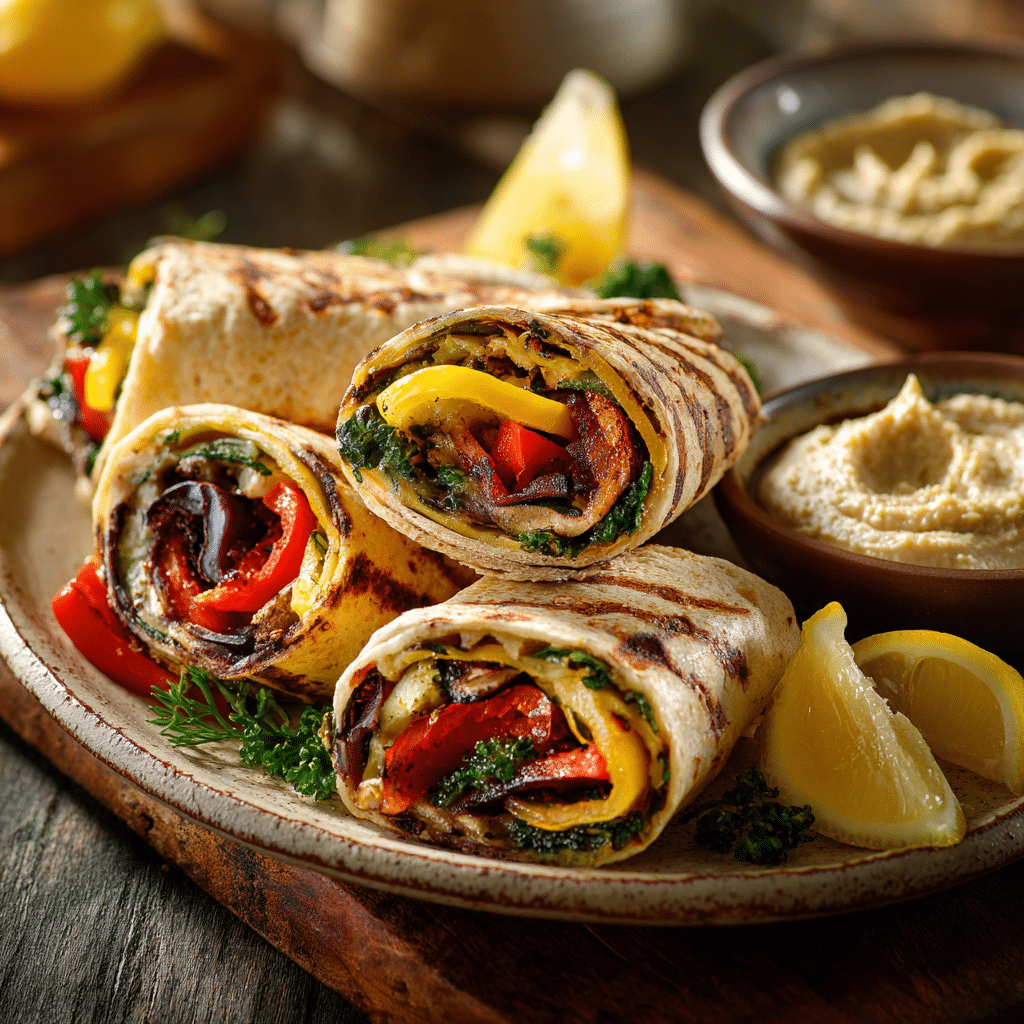 Sliced grilled veggie wraps served with hummus and lemon wedges.