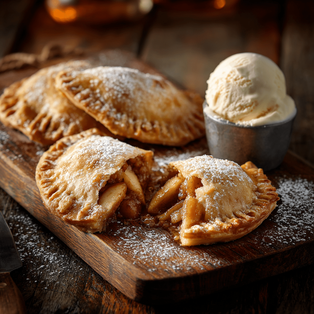 Warm fried apple pies served with vanilla ice cream and powdered sugar.