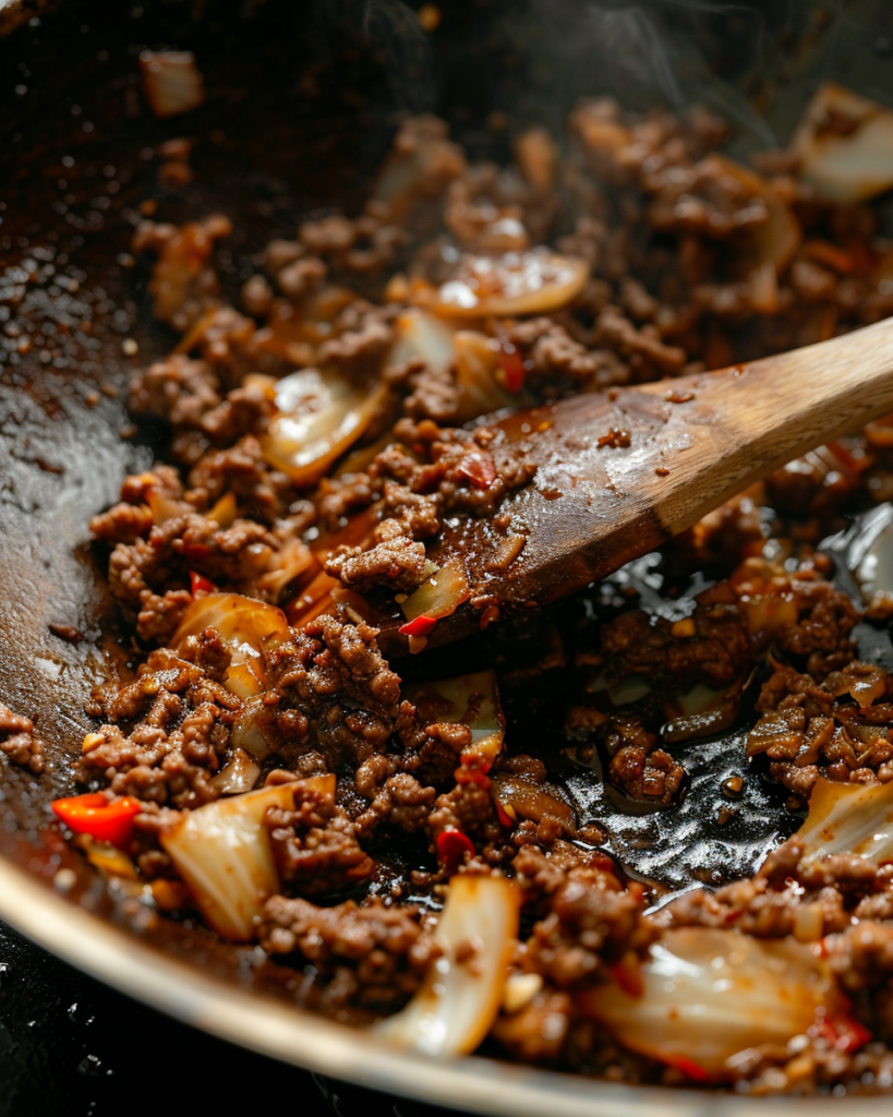Step-by-step cooking of Chinese cabbage stir fry with beef in a wok.