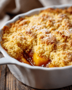 3 Ingredient Peach Cobbler Dump Cake fresh out of the oven