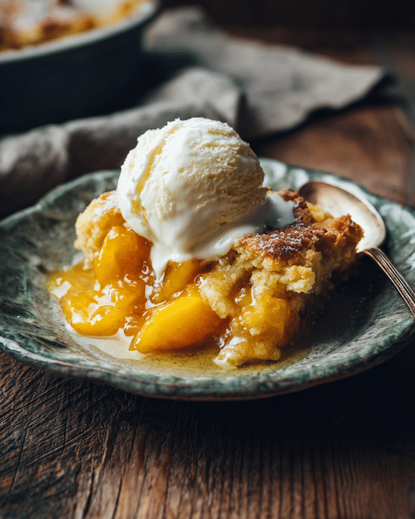 Serving of 3 Ingredient Peach Cobbler Dump Cake with vanilla ice cream

