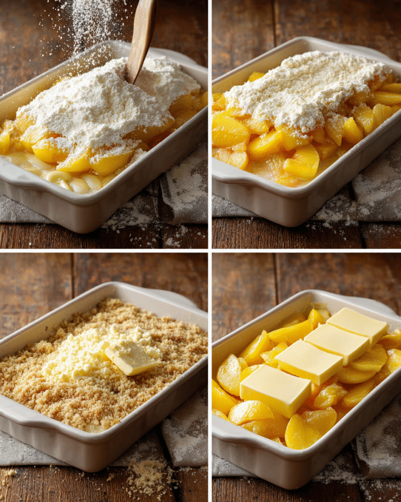 Assembling 3 Ingredient Peach Cobbler Dump Cake in baking dish

