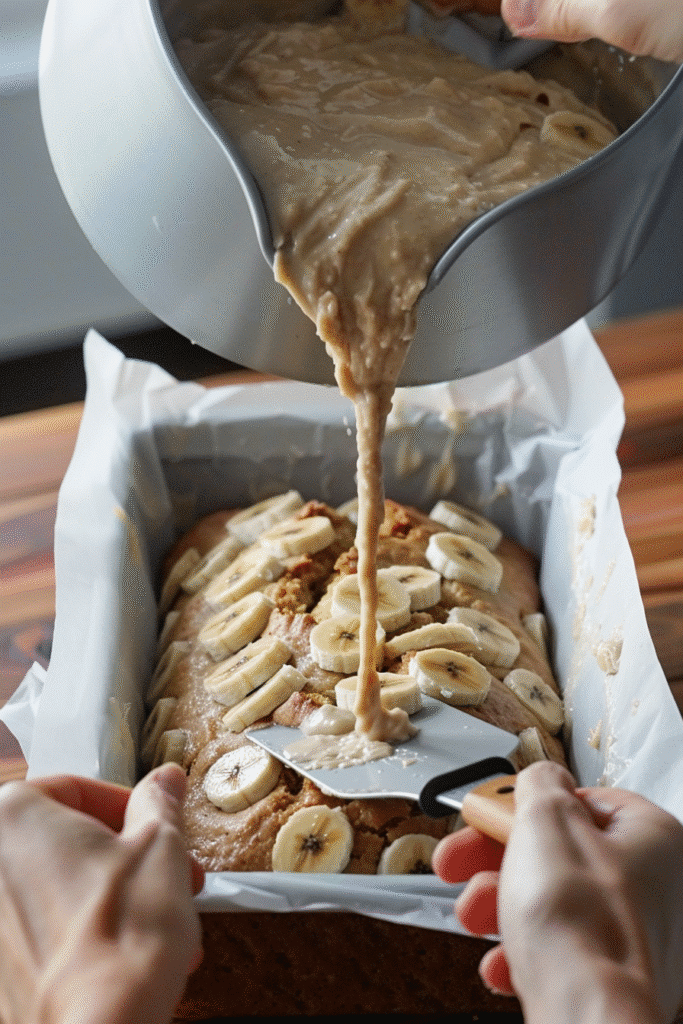 Pouring banana bread batter into pan