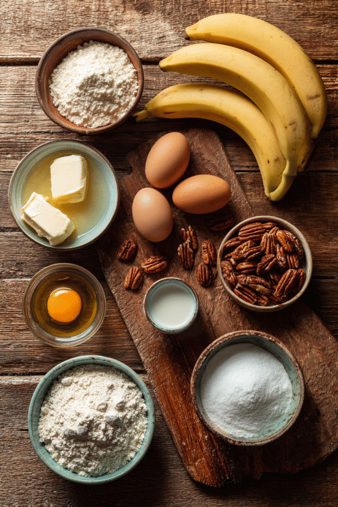 Banana bread recipe ingredients laid out on a rustic table