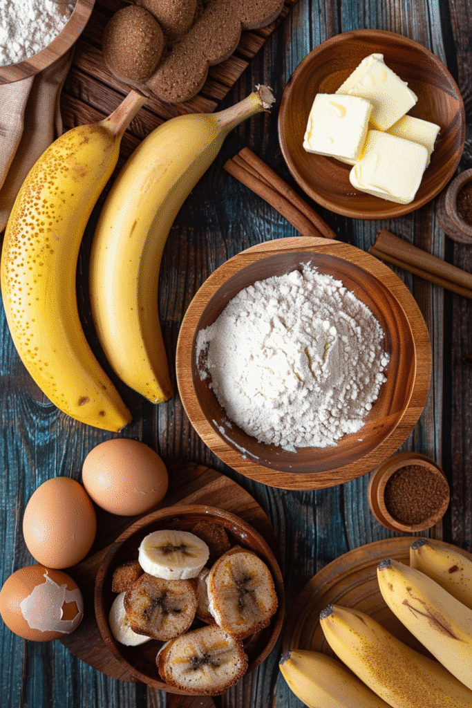 Ingredients for banana bread with 3 bananas