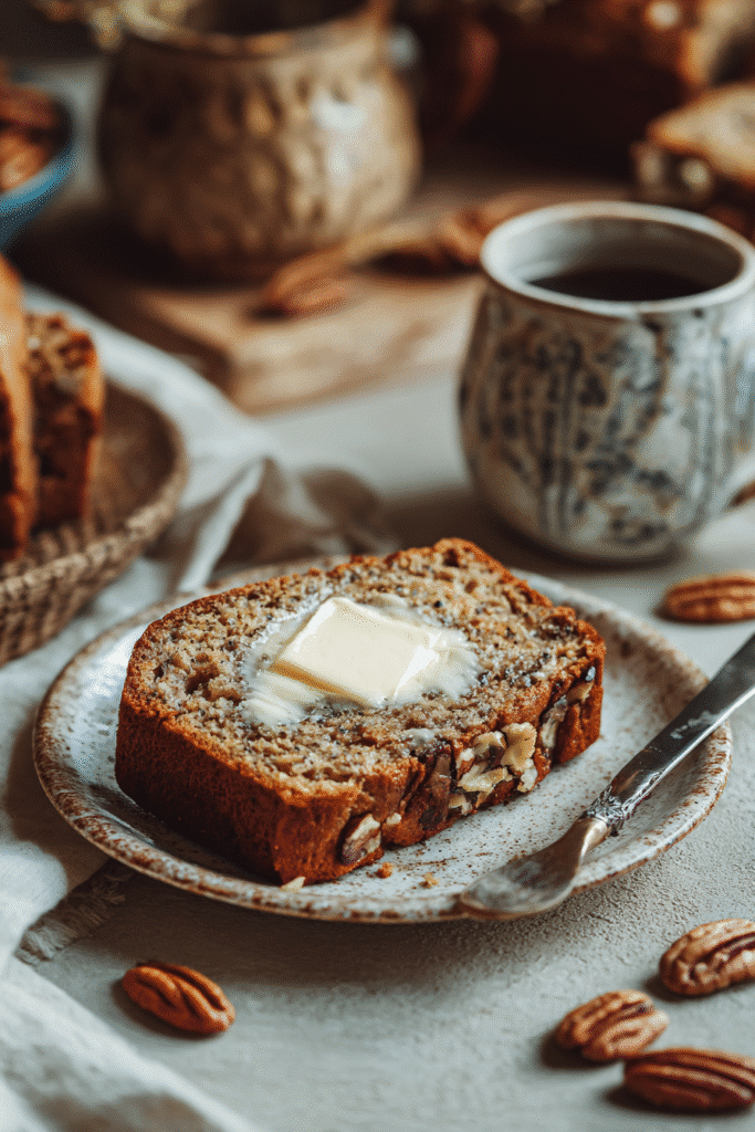 A warm slice of banana bread with melted butter