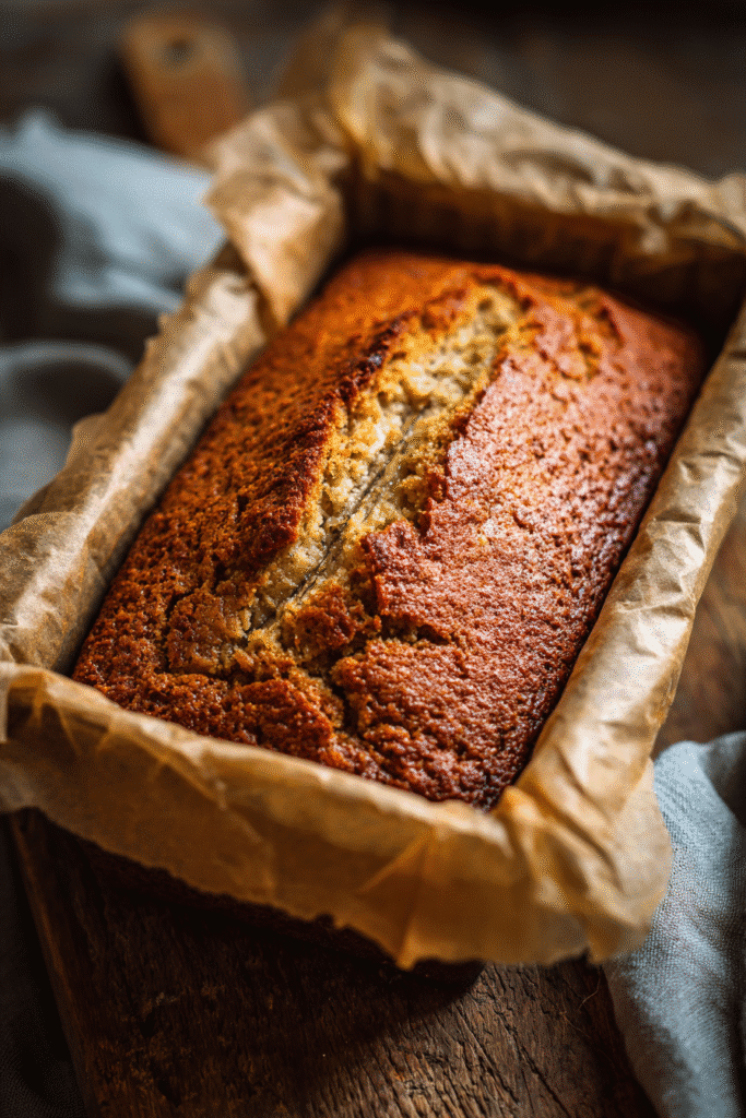 Freshly baked banana bread loaf with moist slices