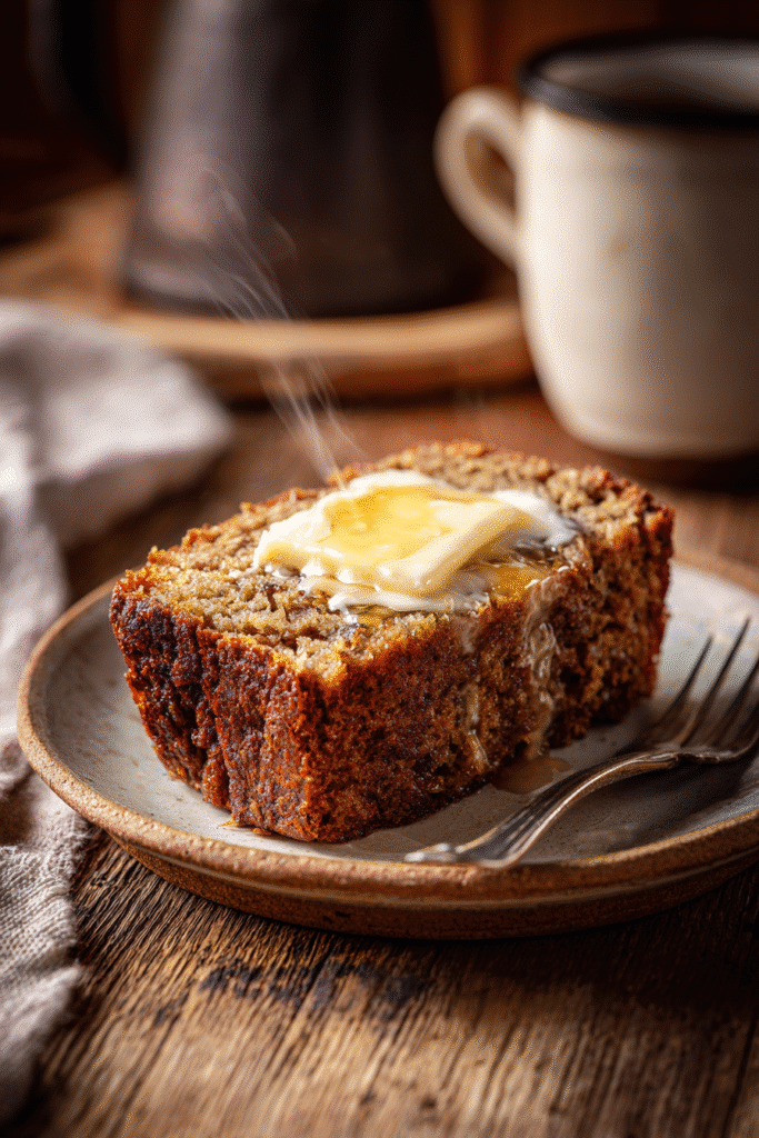 Slice of moist banana bread with butter on rustic plate