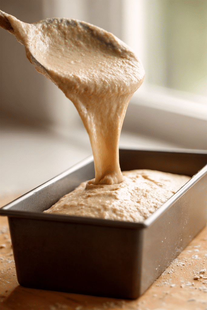 Banana bread batter poured into loaf pan