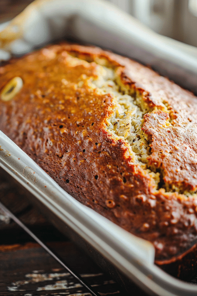 Freshly baked banana bread made with ripe bananas