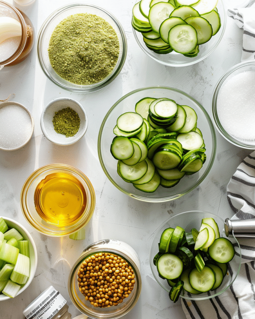  Ingredients for easy bread and butter pickles on a rustic surface