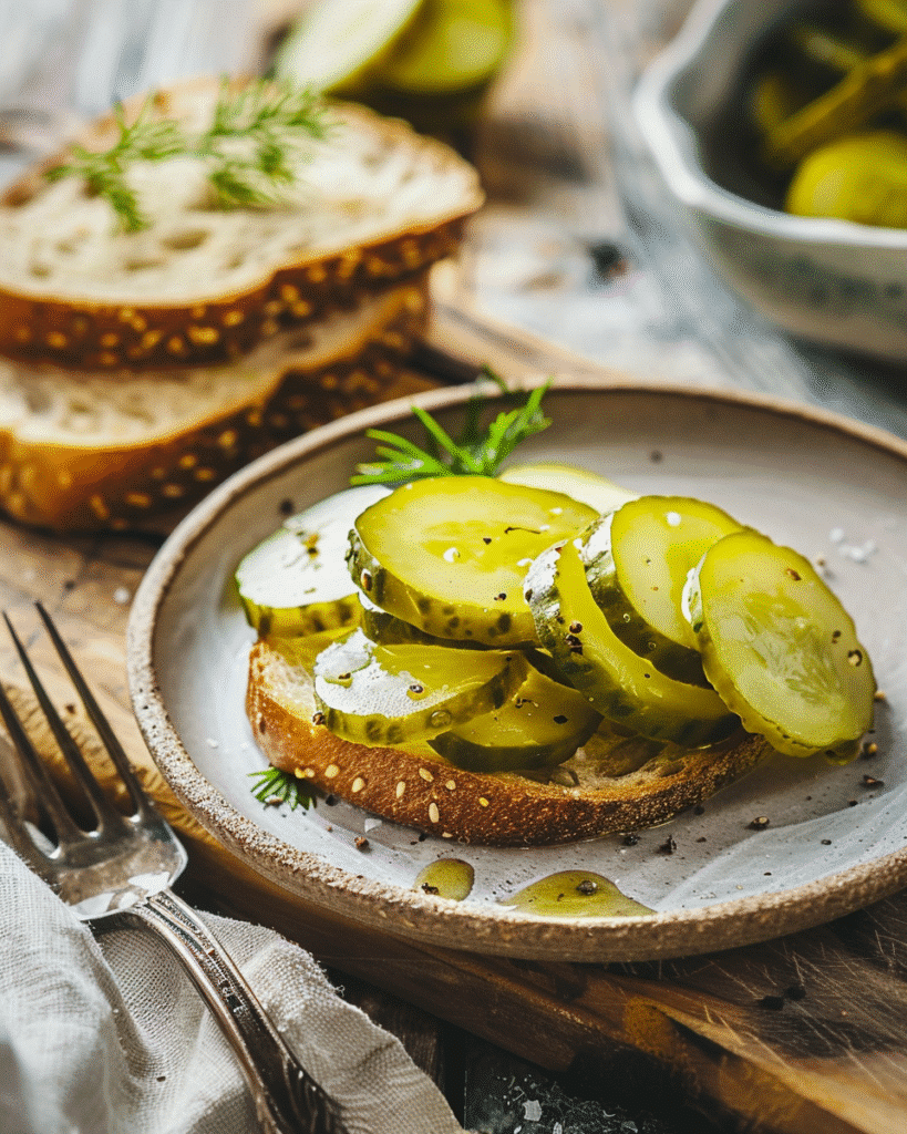 Bread and butter pickles served with a sandwich