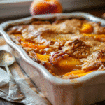 Brown Butter Peach Cobbler in a rustic baking dish with golden crust and peaches