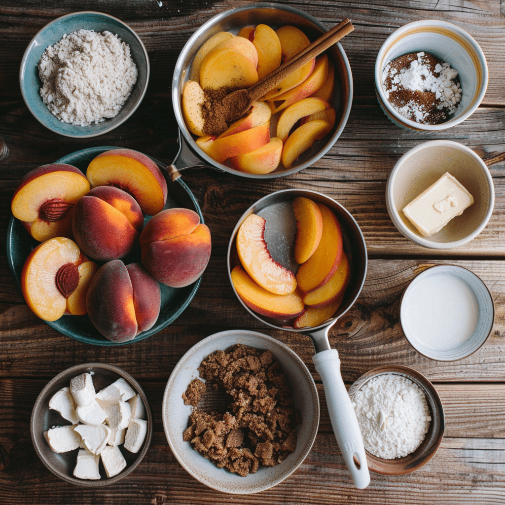 Ingredients for Brown Butter Peach Cobbler including fresh peaches, butter, sugar, and flour