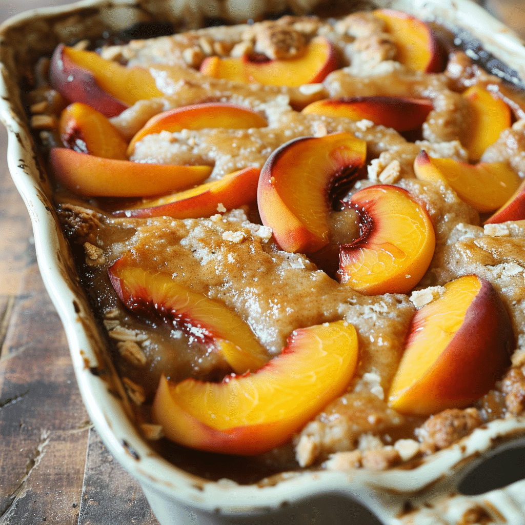 Brown Butter Peach Cobbler ready to bake with batter and peach slices