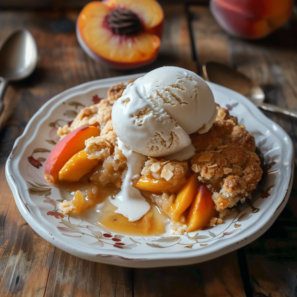 Serving of Brown Butter Peach Cobbler with vanilla ice cream on a vintage plate