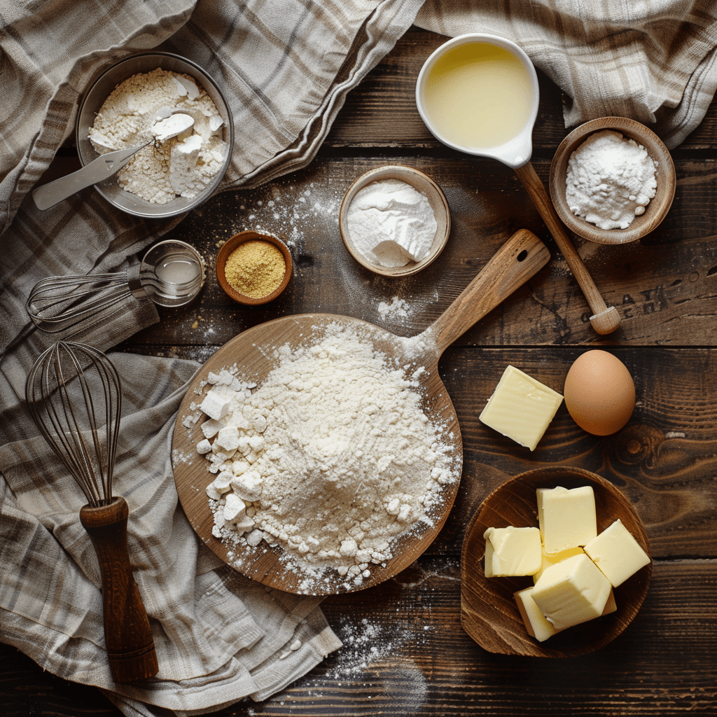Flat lay of flour, eggs, butter, yeast, sugar, milk, and salt on a floured surface.
