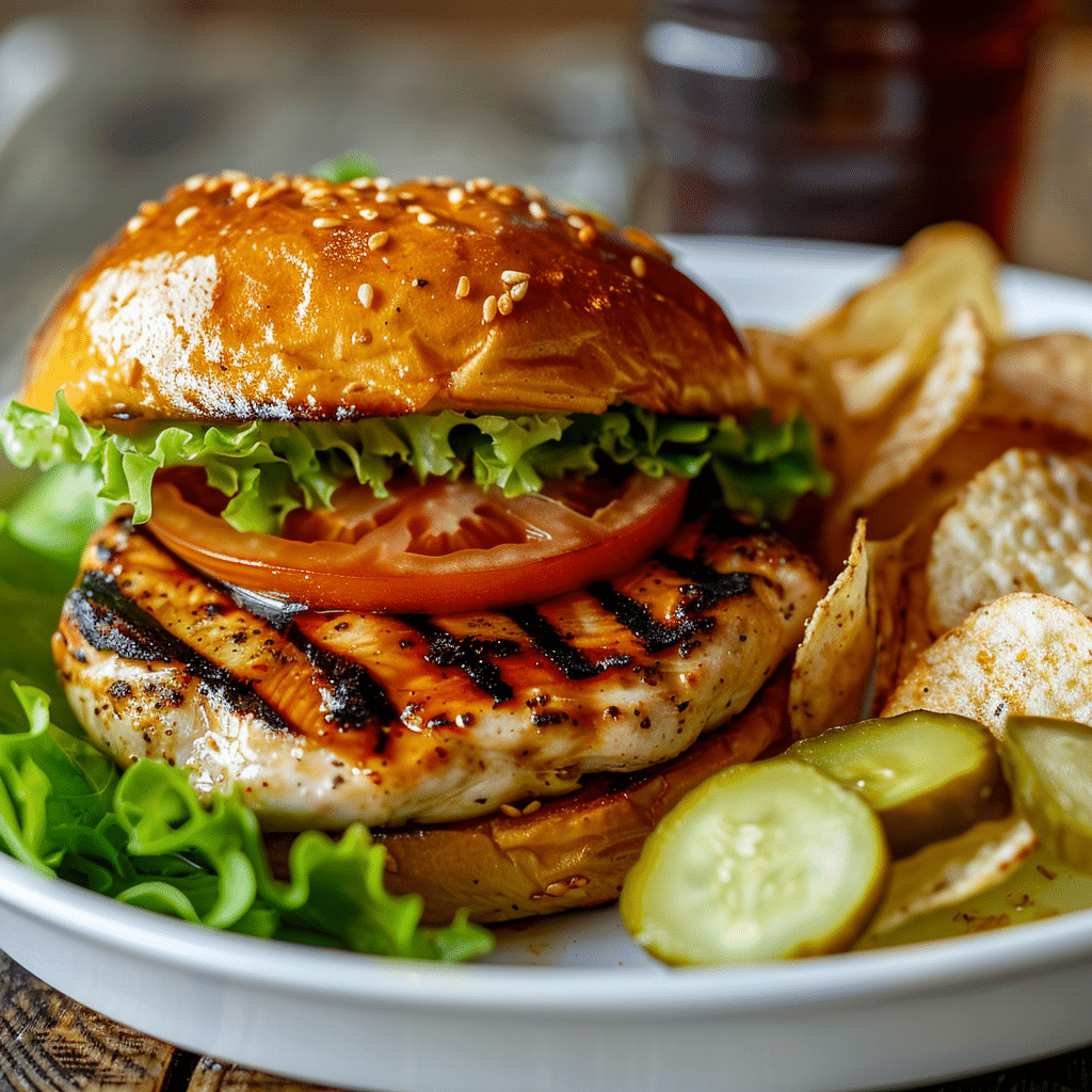 Sliced bun filled with lettuce, tomato, grilled chicken patty, with a side of chips.