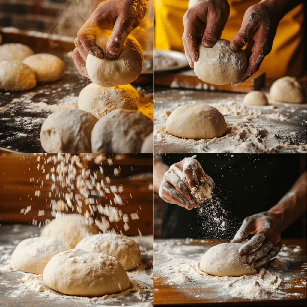 Hands shaping dough into buns, brushing with egg wash, and golden buns coming out of the oven.