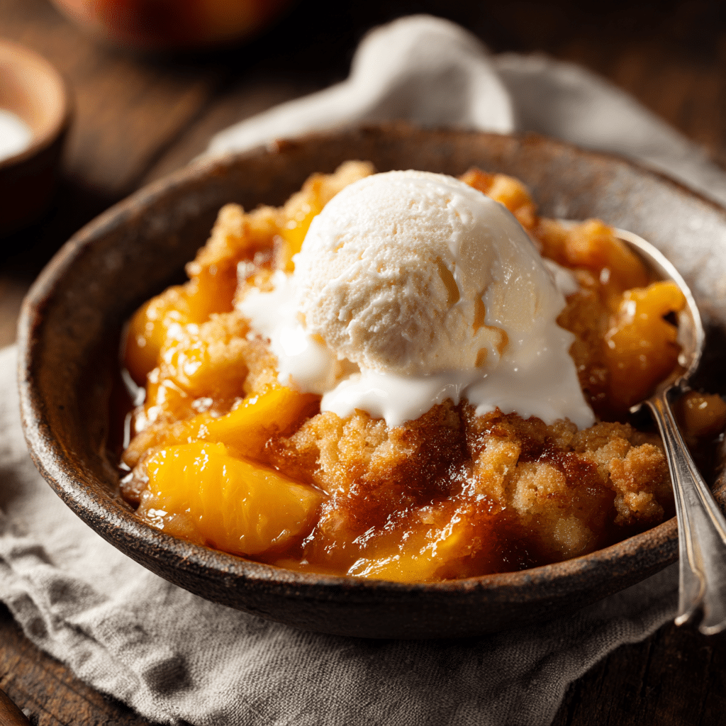 Cake Mix Peach Cobbler with vanilla ice cream