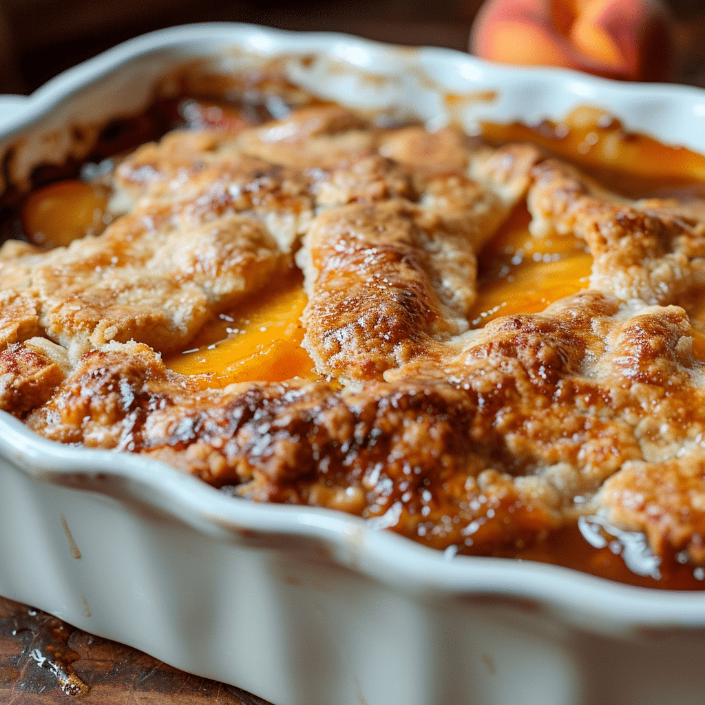 Canned Peach Cobbler fresh from the oven with golden crust