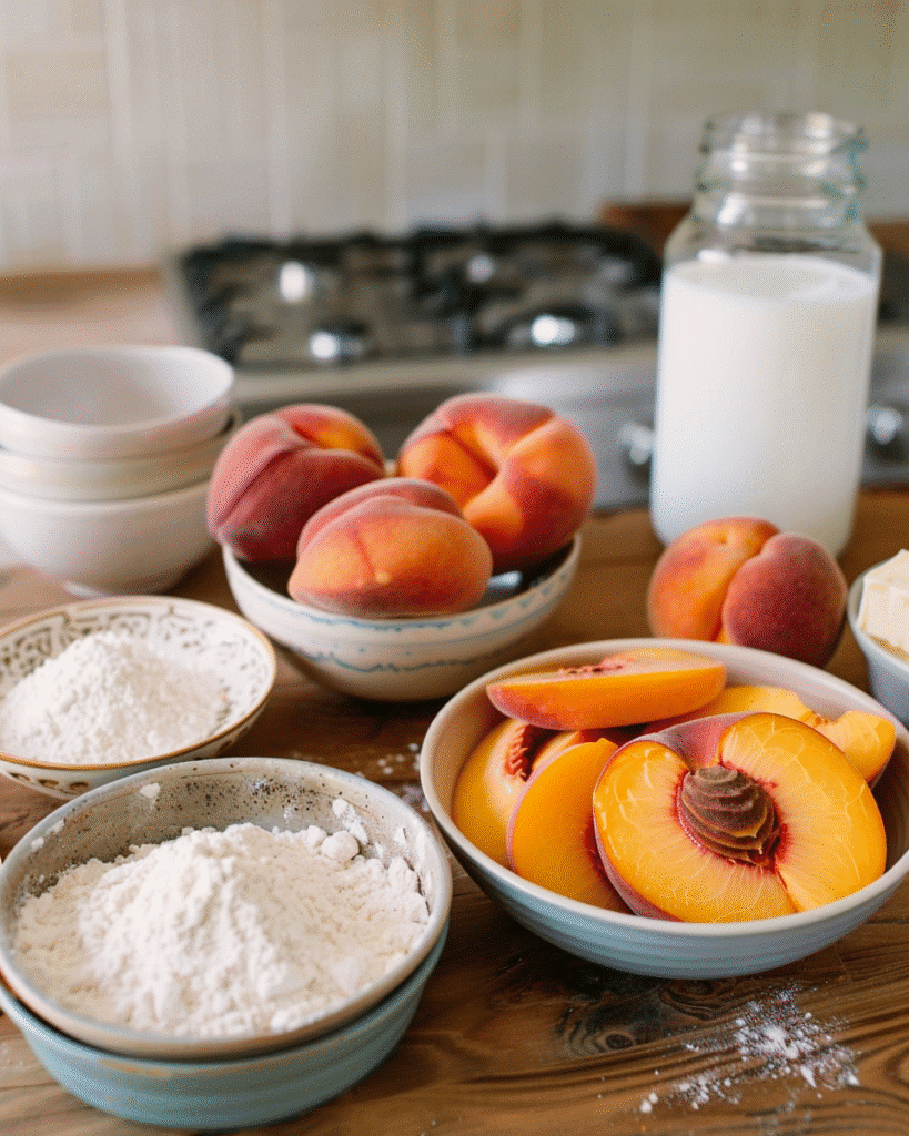 Ingredients for canned peach cobbler laid out on rustic wood