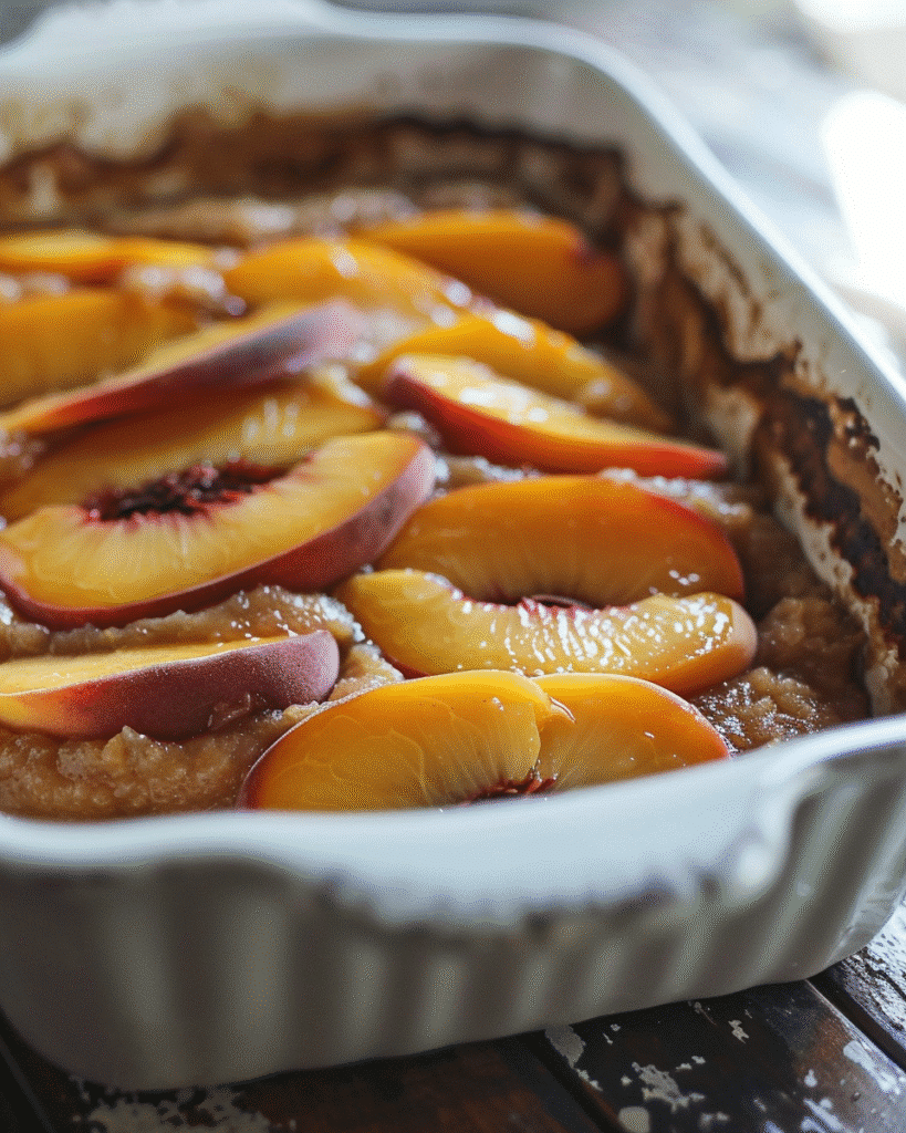 Canned peach cobbler ready to go into the oven