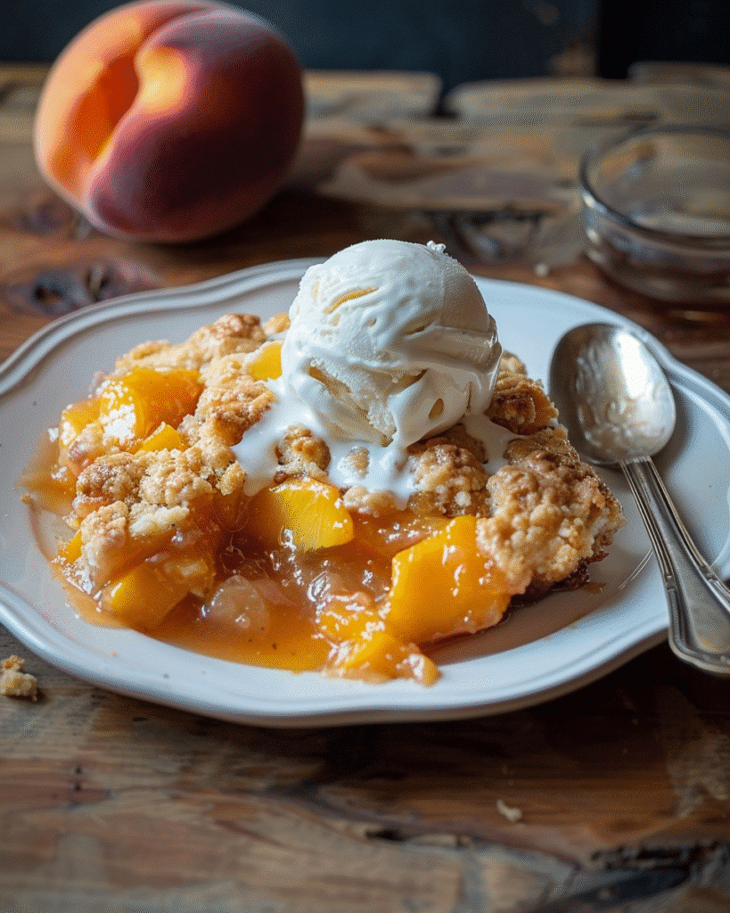 Serving of canned peach cobbler with ice cream
